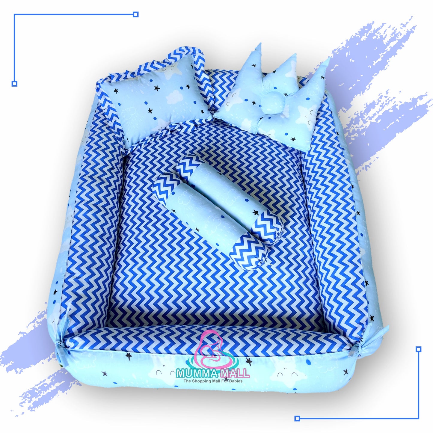 Baby box mattress with blanket and set of 4 pillows as neck support, side support and toy (Sky and Blue)