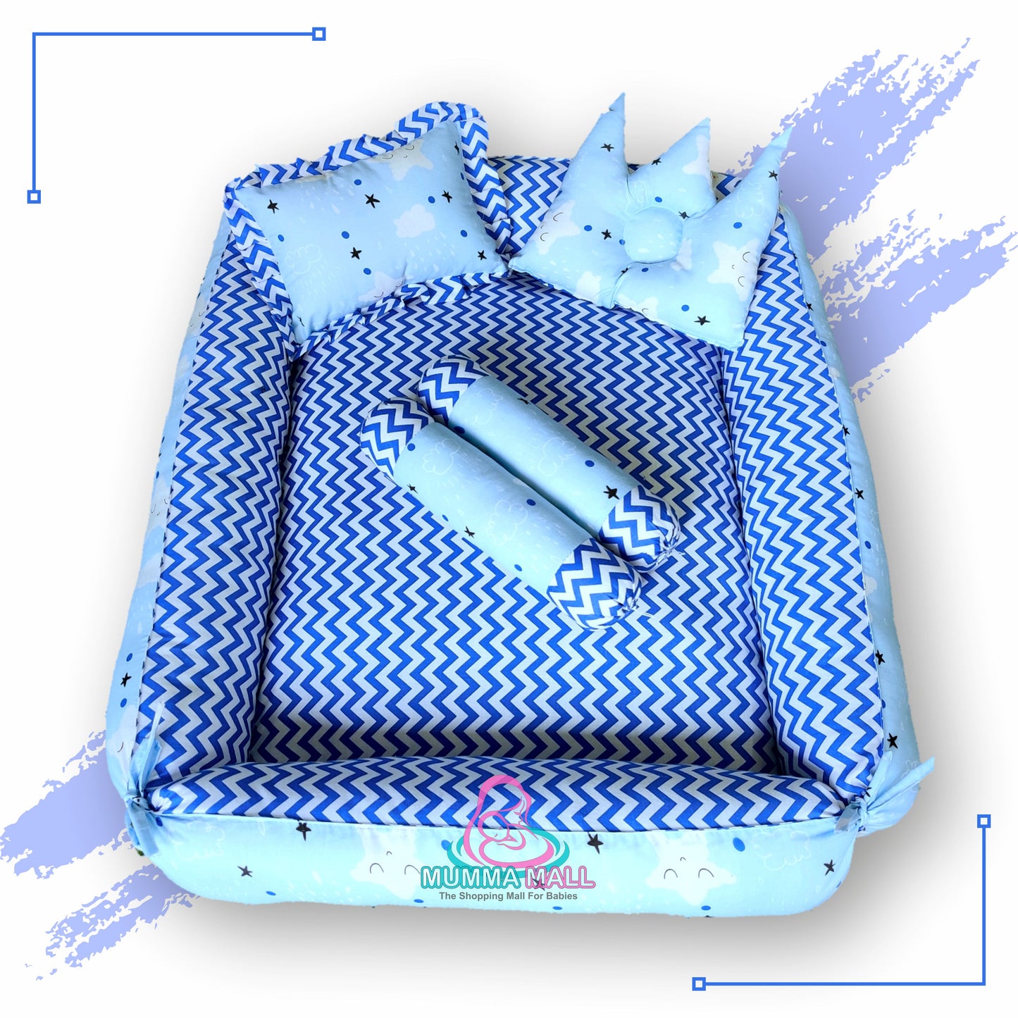 Baby box mattress set with set of 4 pillows as neck support, side support and toy (Sky and Blue)