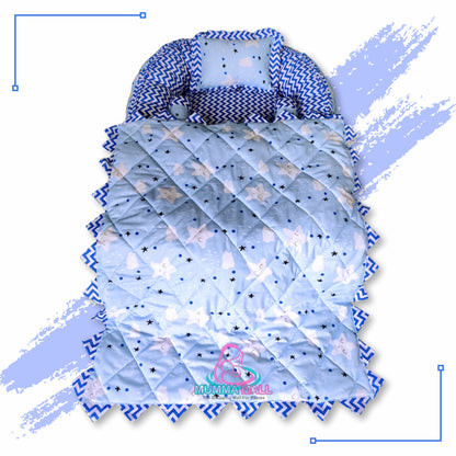 Baby nest bedding with blanket and set of 3 pillows as neck support, side support and toy (Sky and Blue)