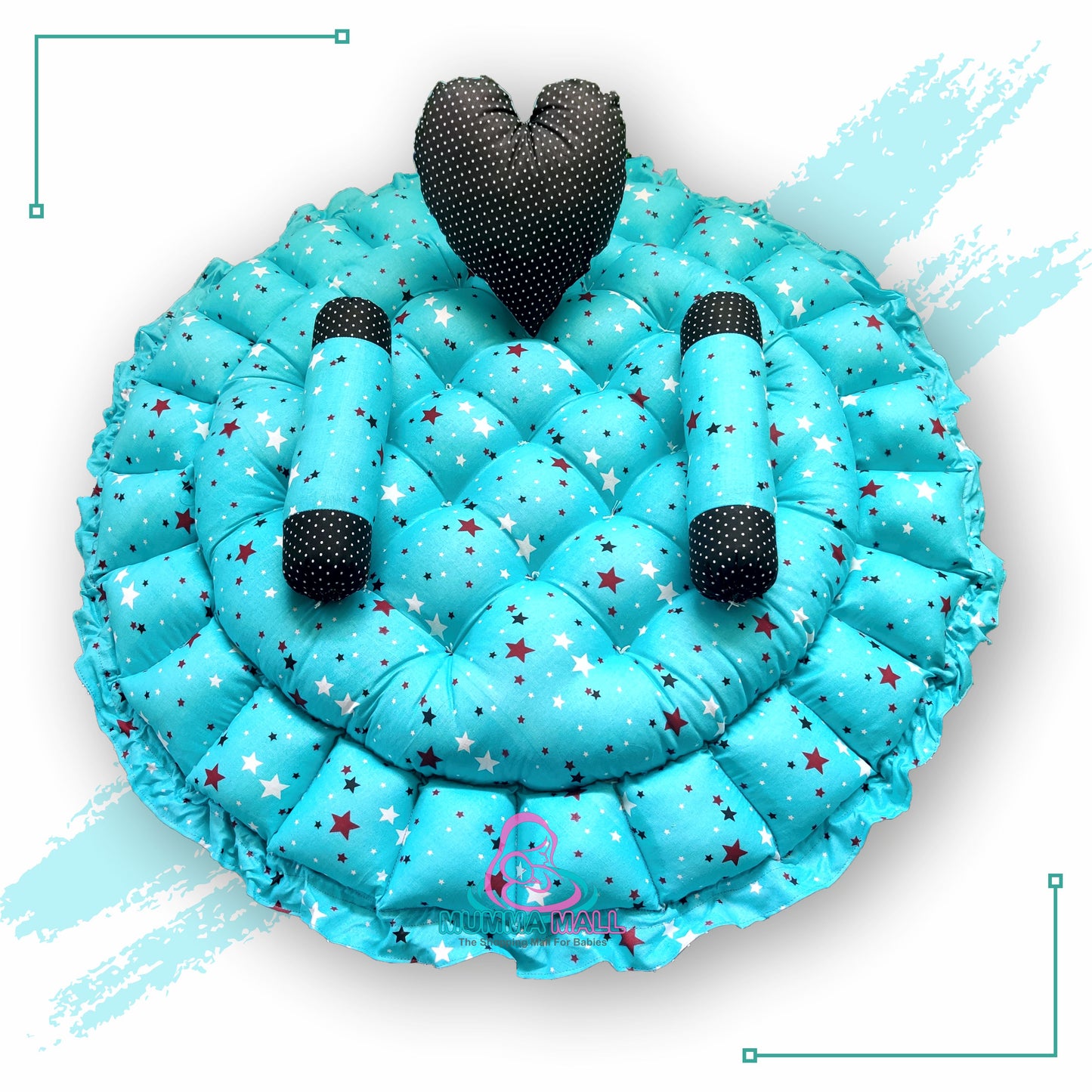 Round baby tub bed with a heart pillow and pair of Bolster (Turquoise and Black)