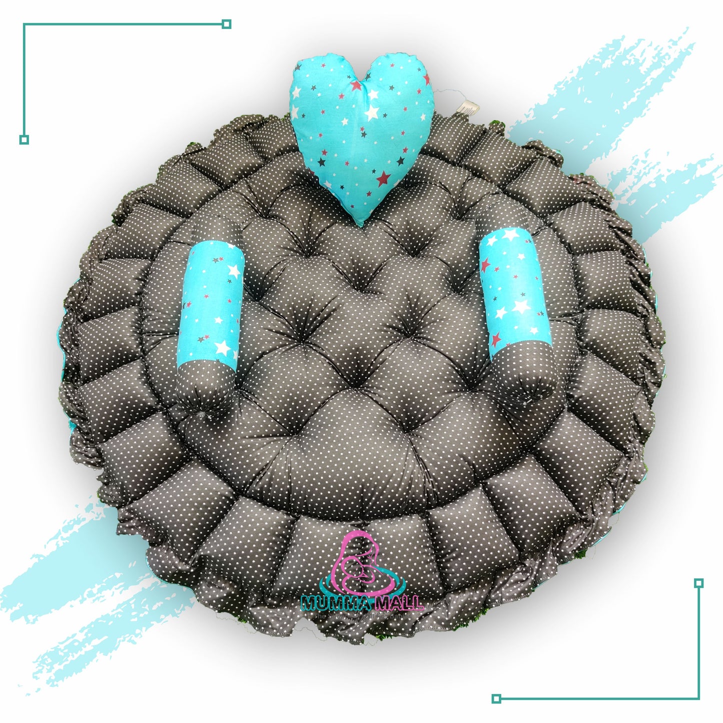 Round baby tub bed with a heart pillow and pair of Bolster (Turquoise and Black)