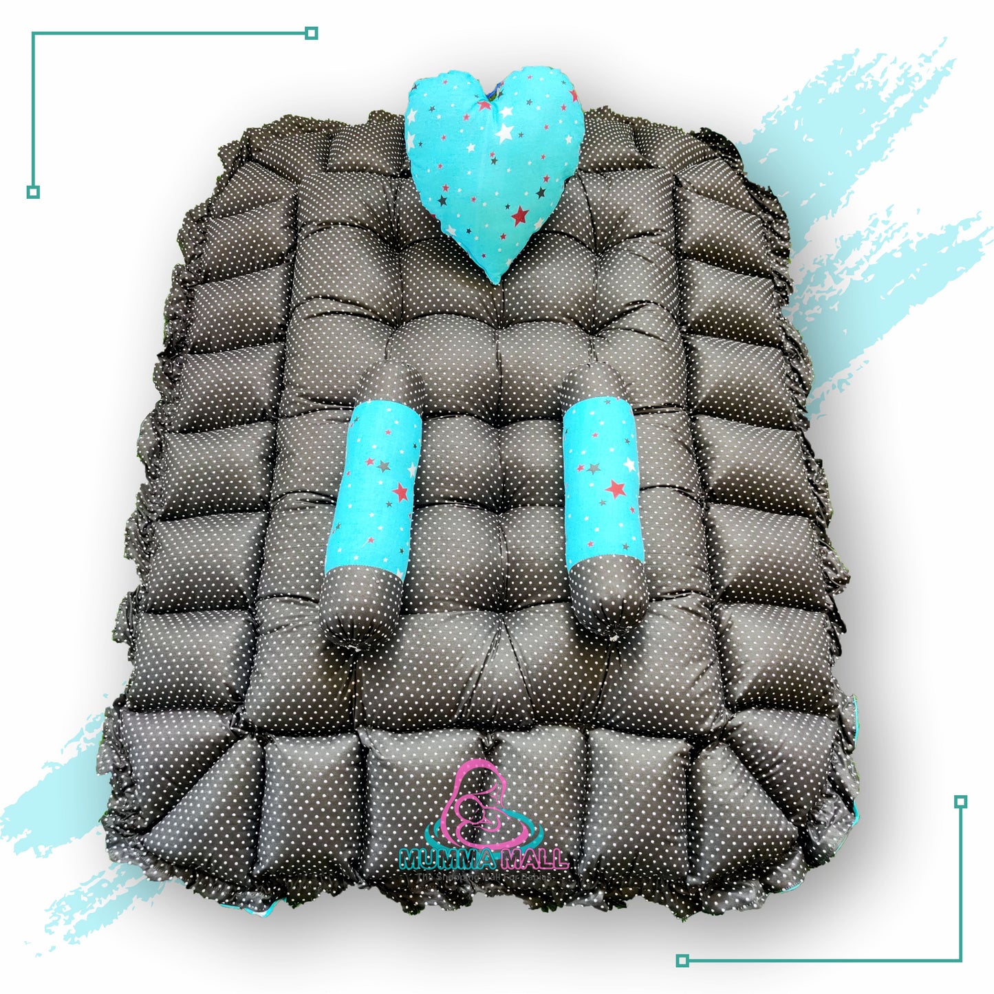 Rectangle baby tub bed with a heart pillow and pair of Bolster (Turquoise and Black)
