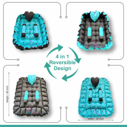 Rectangle baby tub bed with a heart pillow and pair of Bolster (Turquoise and Black)