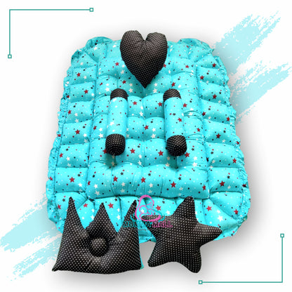 Rectangle baby tub bed with with set of 5 pillows as neck support, side support and toy (Turquoise and Black)