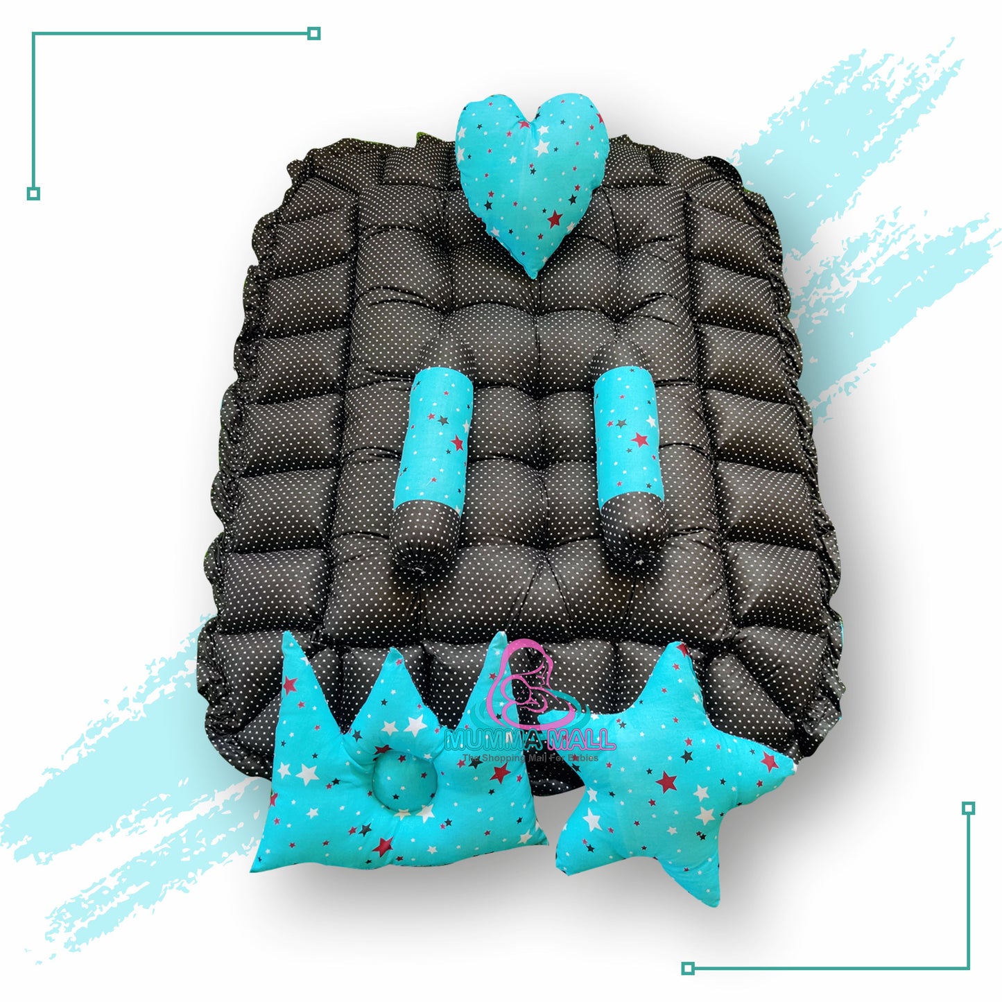 Rectangle baby tub bed with with set of 5 pillows as neck support, side support and toy (Turquoise and Black)
