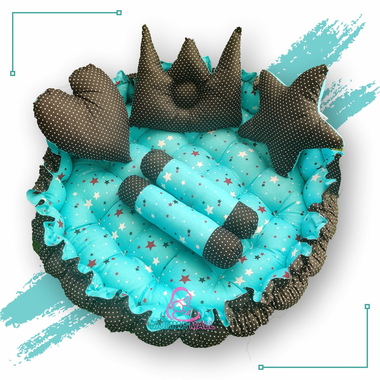Round baby tub bed with blanket and set of 5 pillows as neck support, side support and toy (Turquoise and Black)
