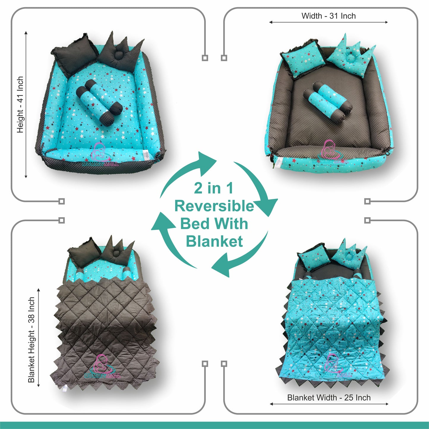 Baby box mattress with blanket and set of 4 pillows as neck support, side support and toy (Turquoise and Black)