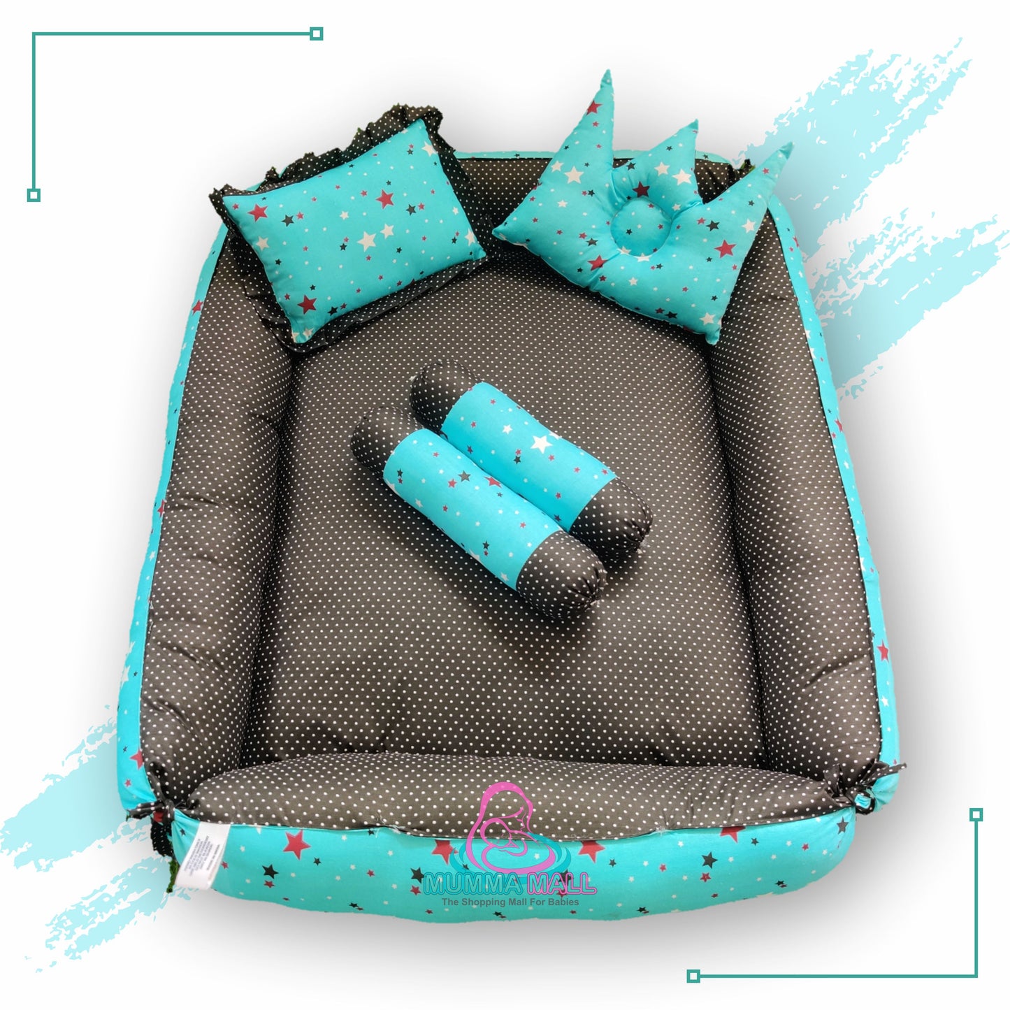 Baby box mattress set with set of 4 pillows as neck support, side support and toy (Turquoise and Black)