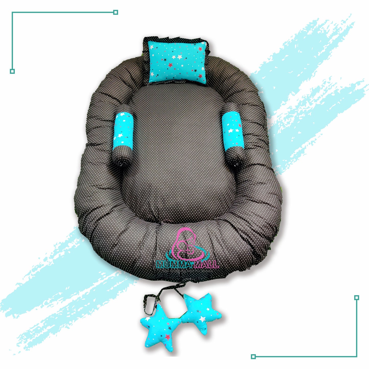 Baby nest bedding set with set of 3 pillows as neck support, side support and toy (Turquoise and Black)