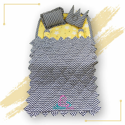 Baby box mattress with blanket and set of 4 pillows as neck support, side support and toy (Yellow and Black)