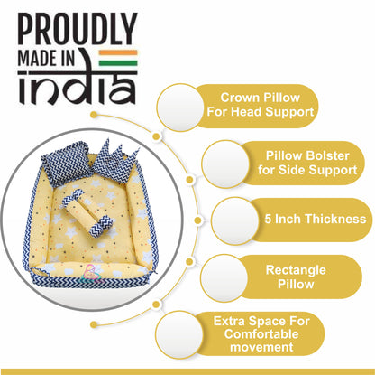 Baby box mattress with blanket and set of 4 pillows as neck support, side support and toy (Yellow and Black)