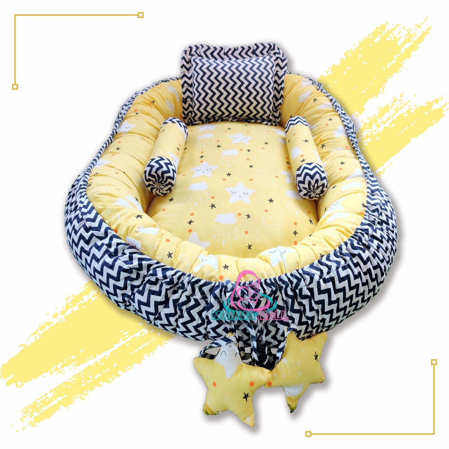 Baby nest bedding with blanket and set of 3 pillows as neck support, side support and toy (Yellow and Black)